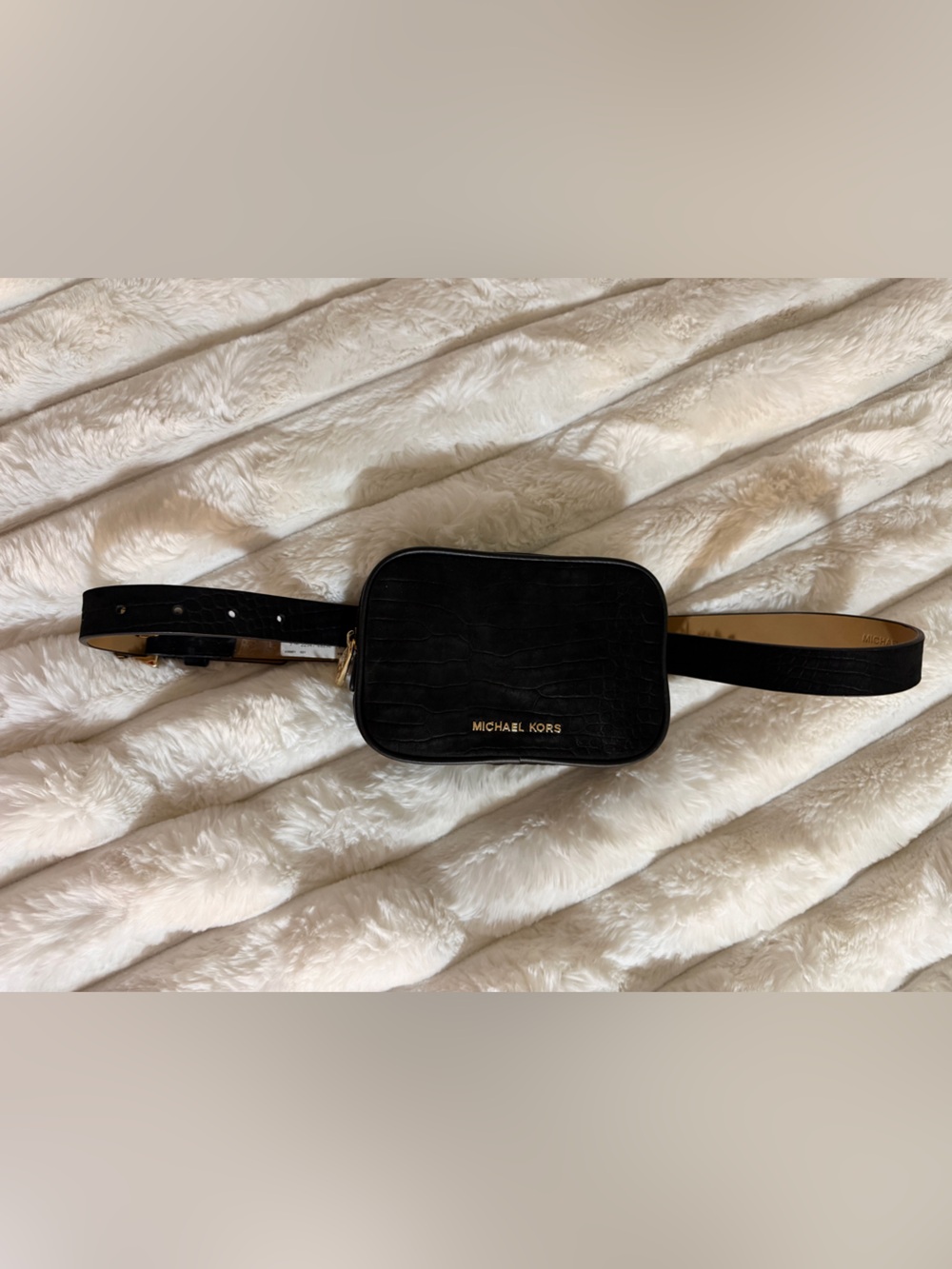 Michael Kors Black Croc-Embossed Leather Belt Bag with Gold Logo
